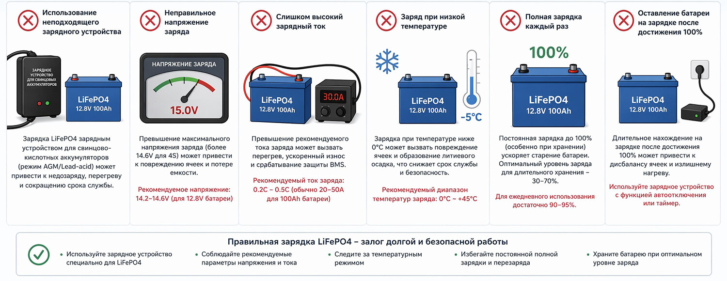 Частые ошибки при зарядке LiFePO4