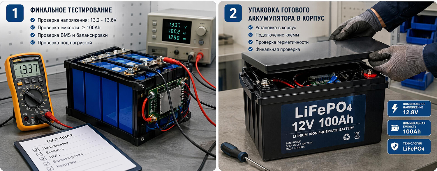 Финальное тестирование и упаковка готового аккумулятора в корпус